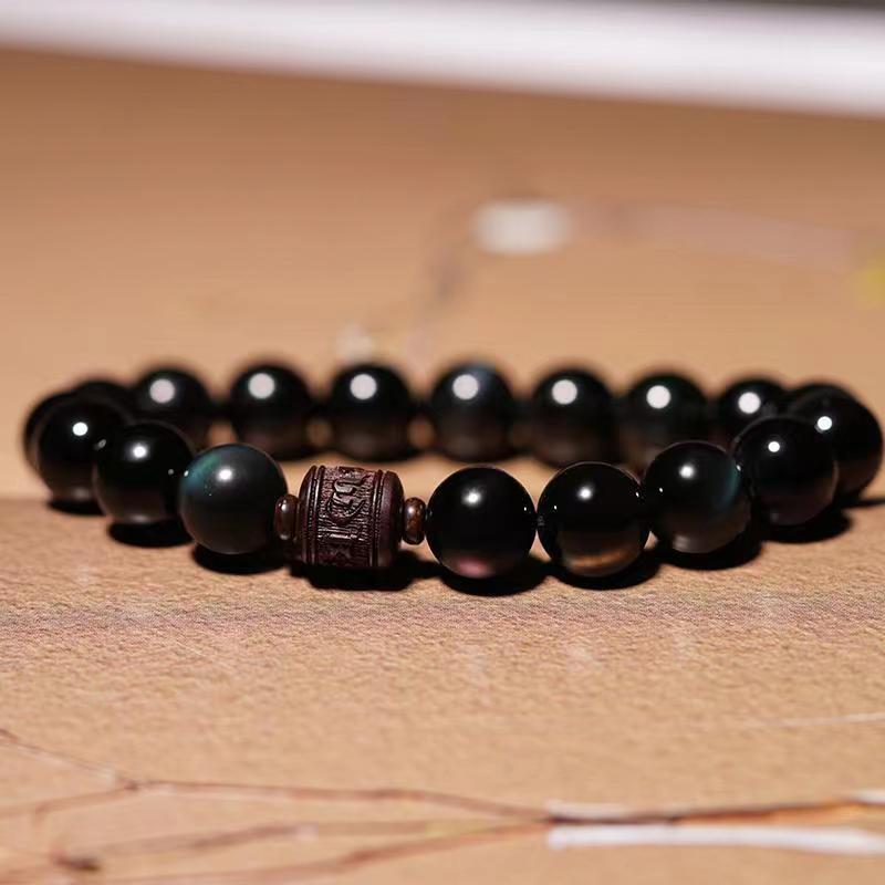 Natural Gold Sheen Obsidian Rainbow Obsidian Om Mani Padme Hum Fu Character Healing Bracelet - Image 29