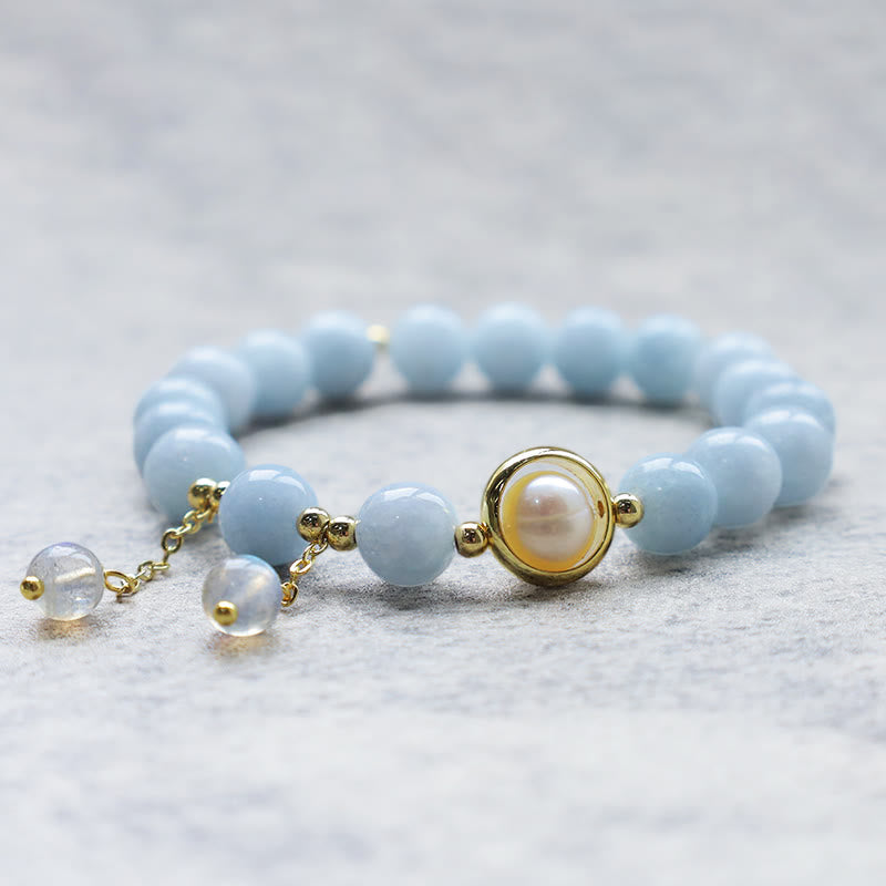 Aquamarine Pearl Healing Moonstone Beads Charm Bracelet - Image 3