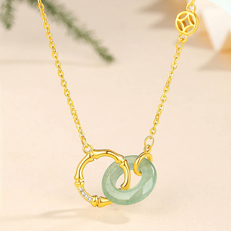 925 Sterling Silver Natural Green Aventurine Peace Buckle Bamboo Coin Prosperity Necklace Pendant