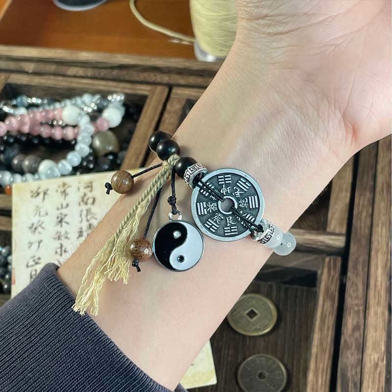 Cat's Eye Ebony Wood Yin Yang Bagua Coin Support Rope Bracelet - Image 4