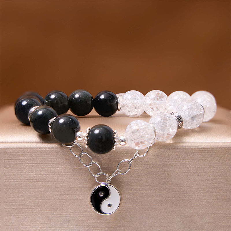 Silver Sheen Obsidian Crackle Clear Quartz Black Rutilated Quartz Yin Yang Lotus Protection Bracelet - Image 4