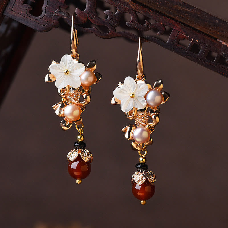 14K Gold Plated Tridacna Stone Flower Pearl Green Aventurine Bead Drop Earrings - Image 9