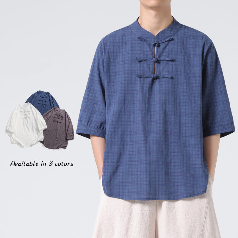 Frog-Button Plaid Pattern Chinese Tang Suit Half Sleeve Shirt Cotton Linen Men Clothing