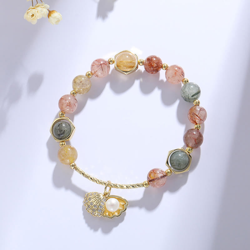 Natural Colorful Rutilated Quartz Shell Protection Bead Bracelet