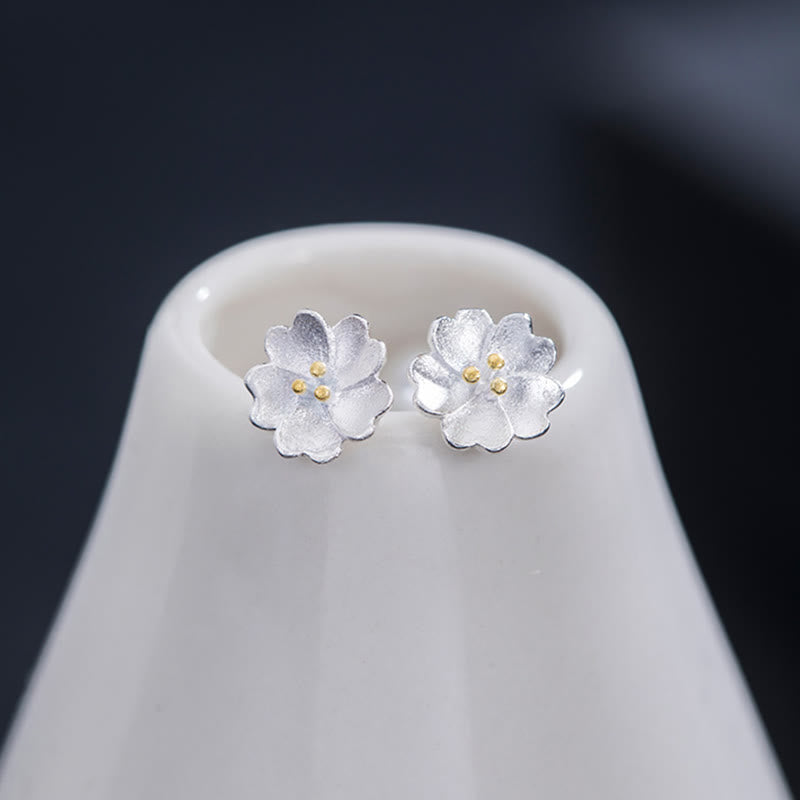 925 Sterling Silver Cherry Blossoms Floral Calm Stud Earrings - Image 6