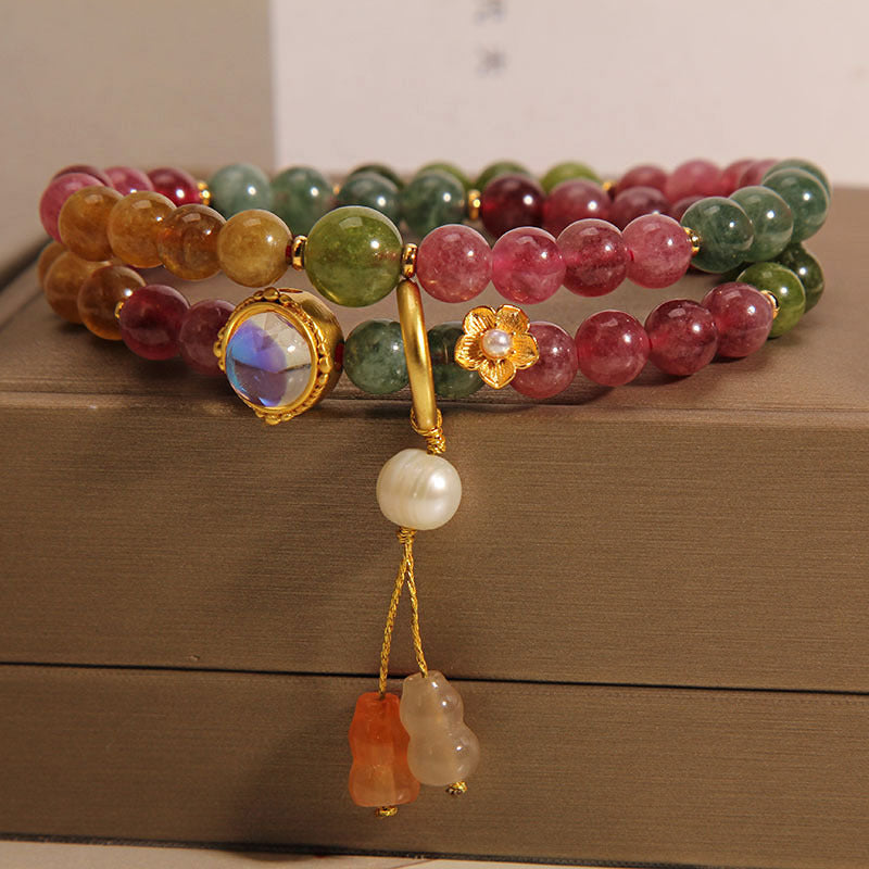 Multicolored Tourmaline Positive Double Wrap Gourd Charm Bracelet