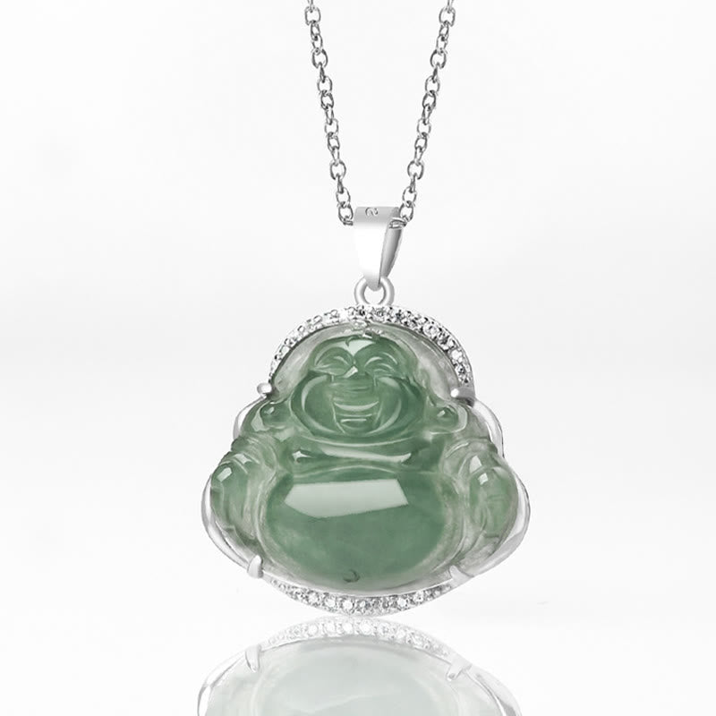 925 Sterling Silver Laughing Buddha Natural Jade Luck Prosperity Necklace Chain Pendant - Image 5