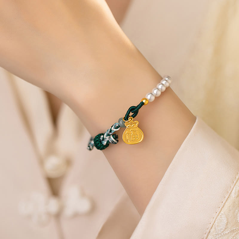925 Sterling Silver Fu Character Lucky Bag Pearl Hetian Jade Wisdom Rope Bracelet - Image 6