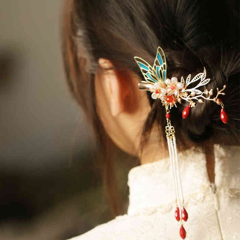 Classical Chinese Style Flower Branche Butterfly Pearl Tassel Hair Clip Hair Comb Hair Crown - Image 21