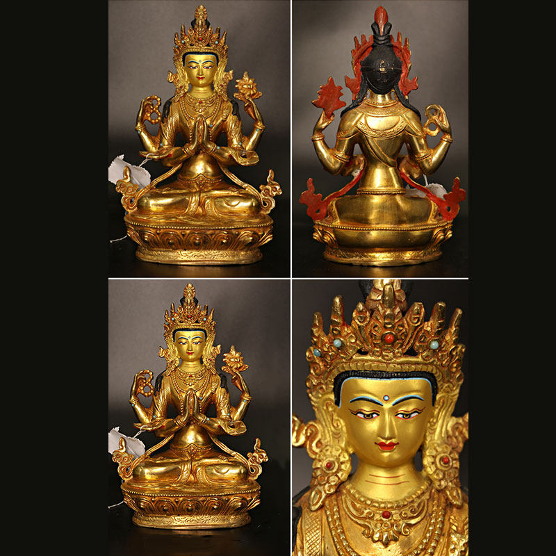 Bodhisattva Tara Chenrezig Four-armed Avalokitesvara Protection Copper Gold Plated Statue Decoration - Image 8