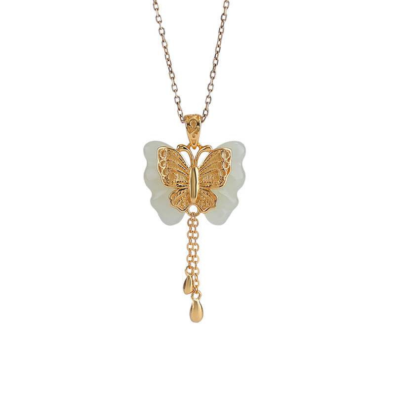 925 Sterling Silver Plated Gold Hetian White Jade Butterfly Blessing Necklace Pendant - Image 7
