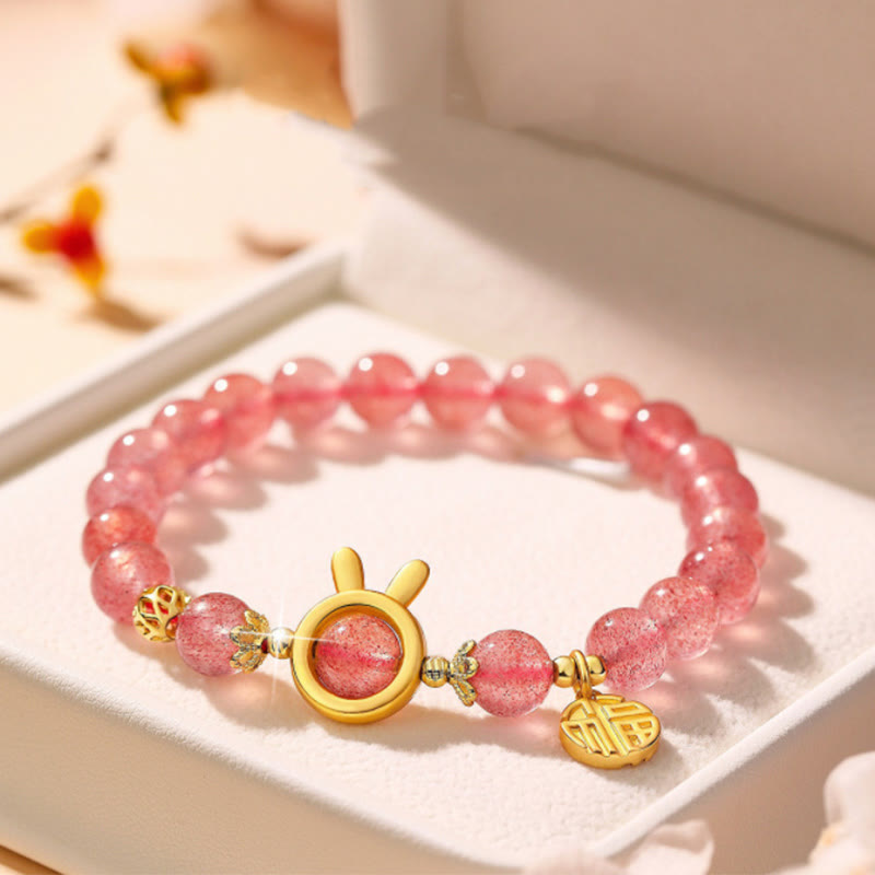 Strawberry Quartz Fu Character Pink Crystal Healing Bracelet - Image 7