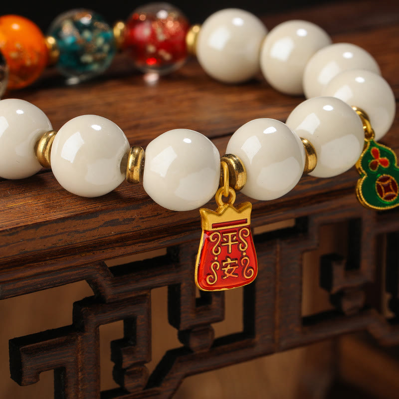 Tibetan Incense Ash Porcelain Luminous Fluorescent Liuli Glass Bead Gourd Copper Coin Charm Peace Bracelet - Image 9