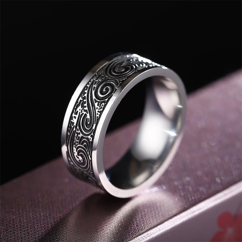 Vintage Wave Auspicious Clouds Engraved Pattern Titanium Steel Balance Ring - Image 3