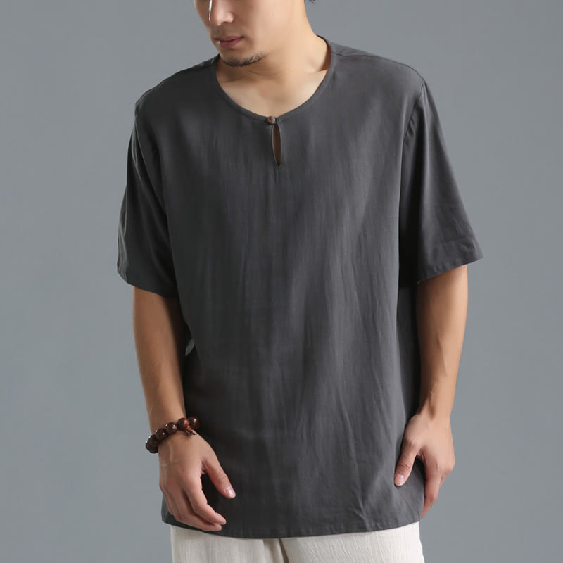 Men's Solid Color Round Neck Short Sleeve Cotton Linen Shirt - Image 4