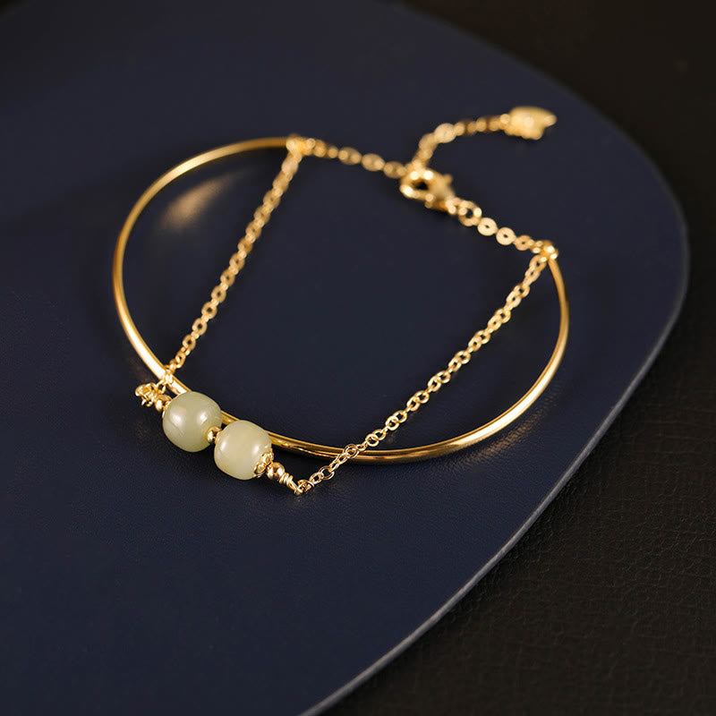Copper Plated Gold Hetian Jade Bead Luck Double Layer Bracelet Bangle - Image 9