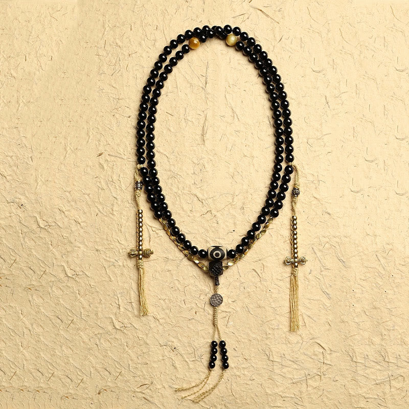 Tibetan 108 Mala Beads Black Onyx Three-eyed Dzi Beads Protection Bracelet - Image 3