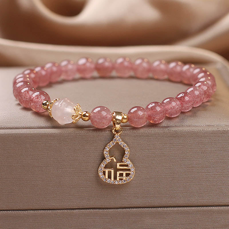 Strawberry Quartz Gourd Fu Character Charm Positive Bracelet