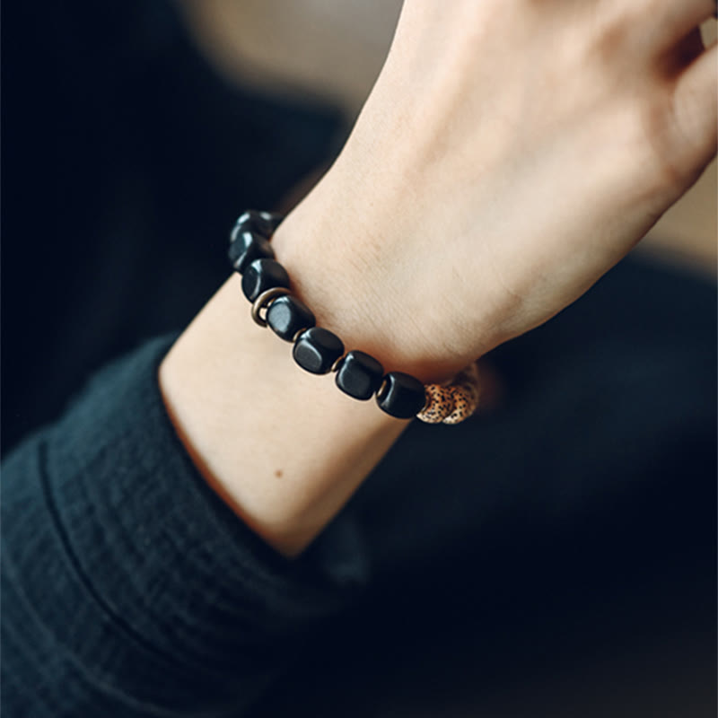 Tibetan Bodhi Seed Black Obsidian Ebony Wood Copper Peace Bracelet - Image 7