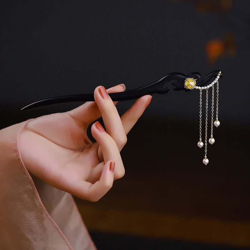 Ebony Wood Yellow Flower Pearl Tassels Hairpin
