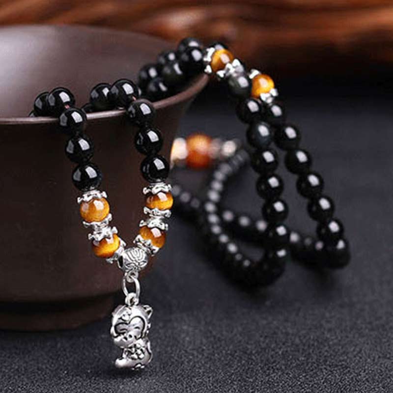 Chinese Zodiac 108 Beads Black Obsidian Tiger Eye Fortune Mala Bracelet - Image 4