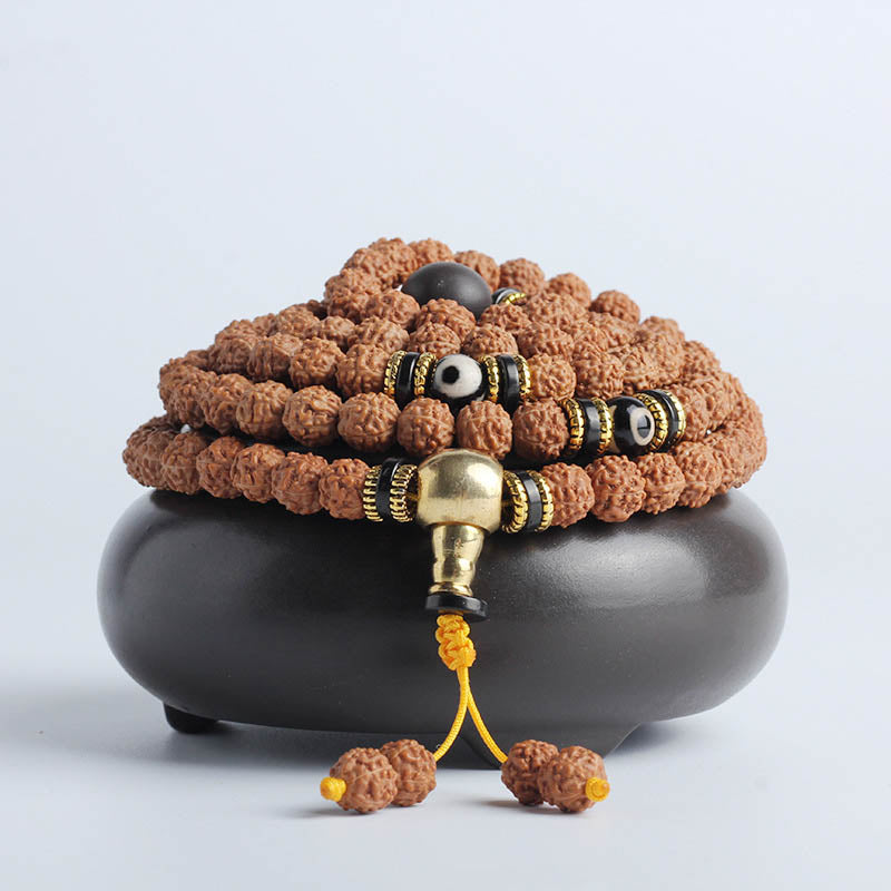 108 Mala Beads Rudraksha Bodhi Seed Dzi Bead Luck Wealth Bracelet