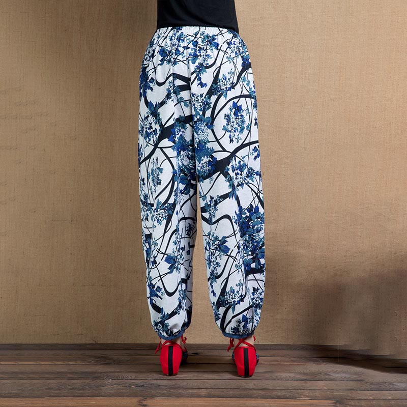 Blue Tree Flowers Print Harem Pants With Pockets - Image 10