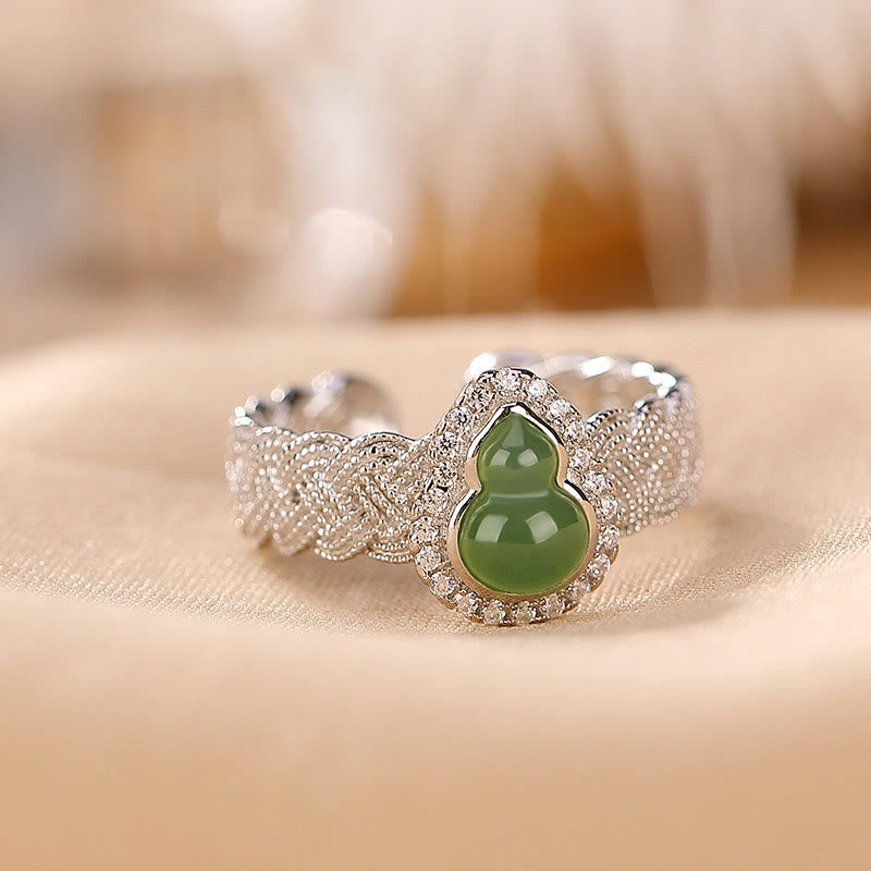 925 Sterling Silver Plated Gold Natural Hetian Cyan Jade Gourd Luck Bracelet Ring Set - Image 9