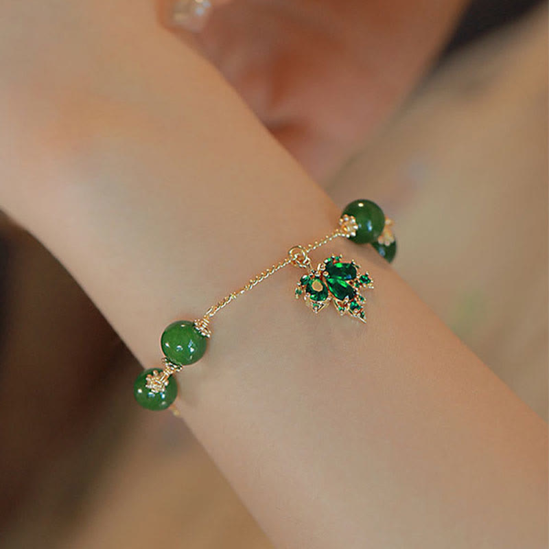 14k Gold Plated Green Chalcedony Maple Leaf Courage Strength Bracelet - Image 4