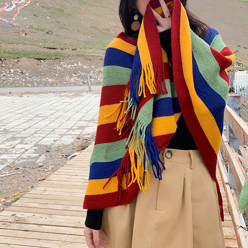 Tibetan Colorful Striped Design Shawl Tassels Pullover Winter Cozy Travel Scarf Wrap - Image 11