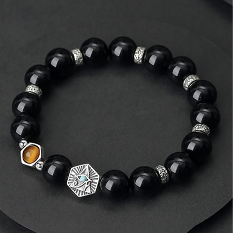 925 Sterling Silver Black Obsidian Tiger Eye Eye of Providence Purification Bracelet - Image 6