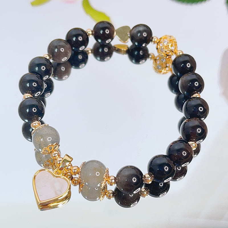 Natural Silver Sheen Obsidian Love Heart Star Flower Protection Bracelet (Extra 30% Off | USE CODE: FS30)
