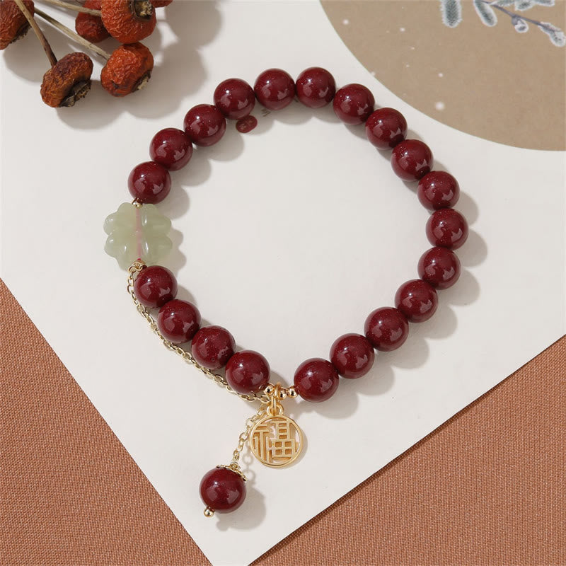 Cinnabar Fu Character Hetian Jade Lucky Four Leaf Clover Blessing Bracelet - Image 6