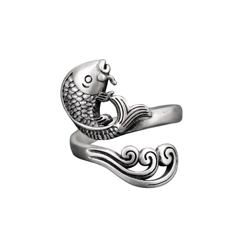 925 Sterling Silver Koi Fish Water Ripple Luck Wealth Ring - Image 14