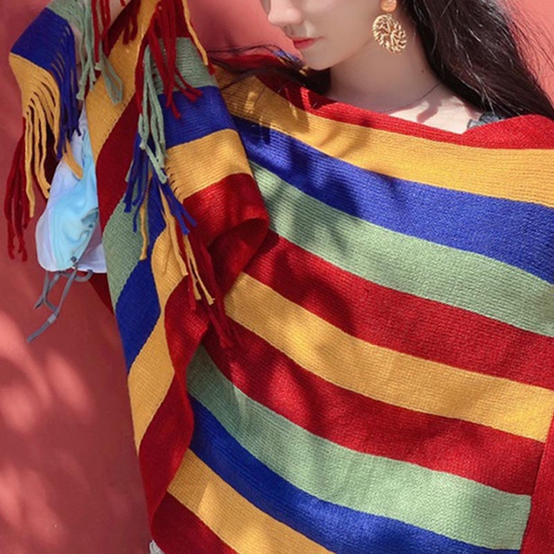 Tibetan Colorful Striped Design Shawl Tassels Pullover Winter Cozy Travel Scarf Wrap - Image 8
