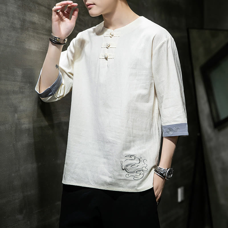 Frog-Button Dragon Embroidery Chinese Tang Suit Three Quarter Sleeve Shirt Cotton Linen Men Clothing - Image 10