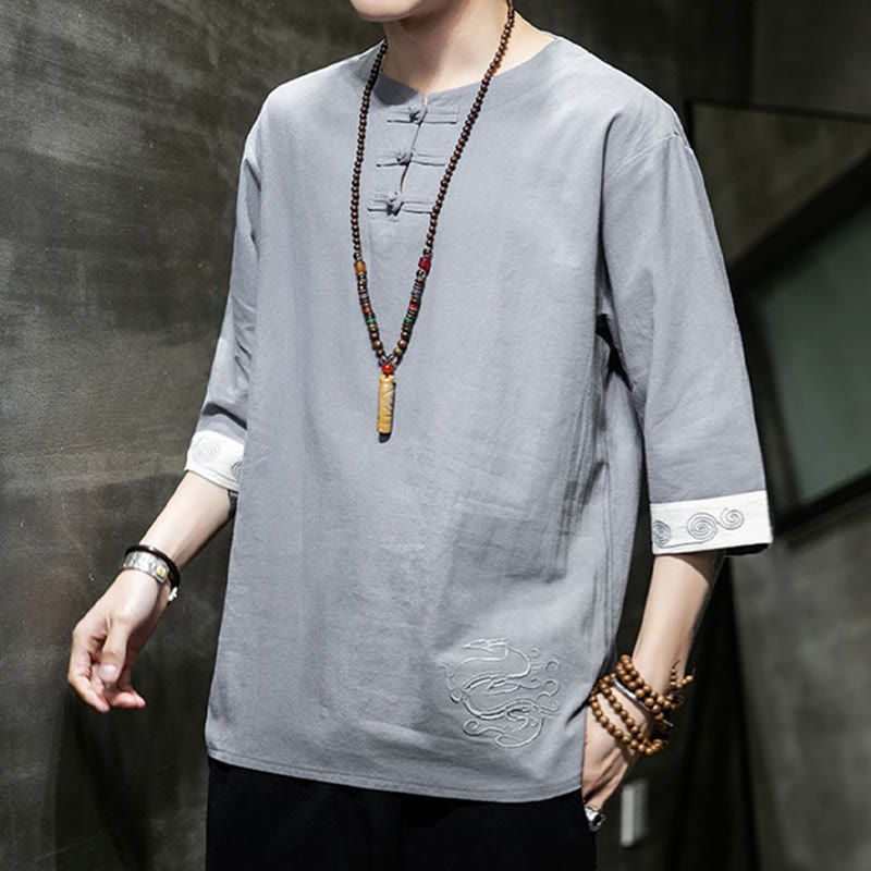 Frog-Button Dragon Embroidery Chinese Tang Suit Three Quarter Sleeve Shirt Cotton Linen Men Clothing - Image 18