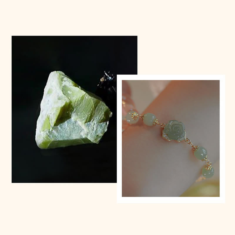 14K Gold Plated Hetian Jade Rose Flower Luck Chain Bracelet - Image 15