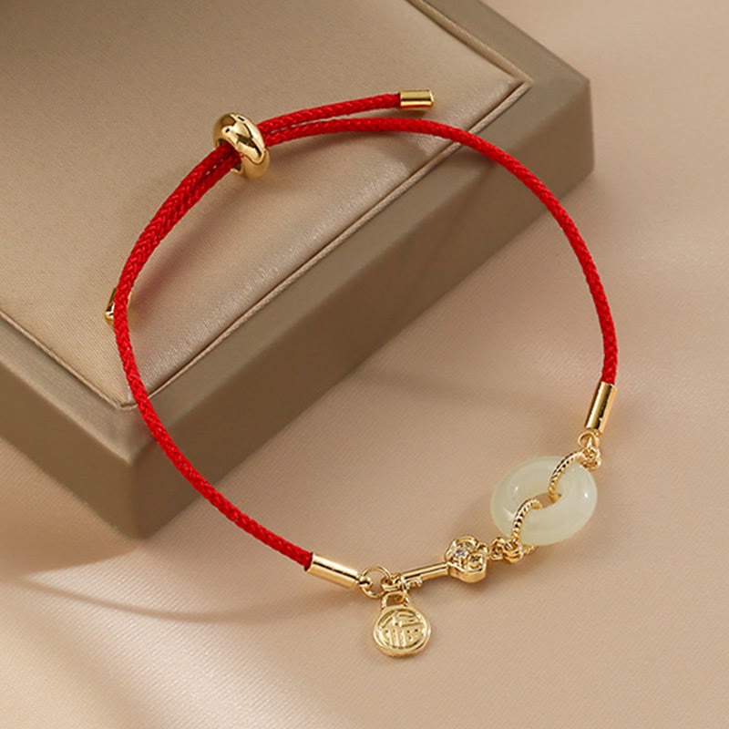 18K Gold Plated Hetian Jade Peace Buckle Fu Character Luck Red Rope Bracelet - Image 10