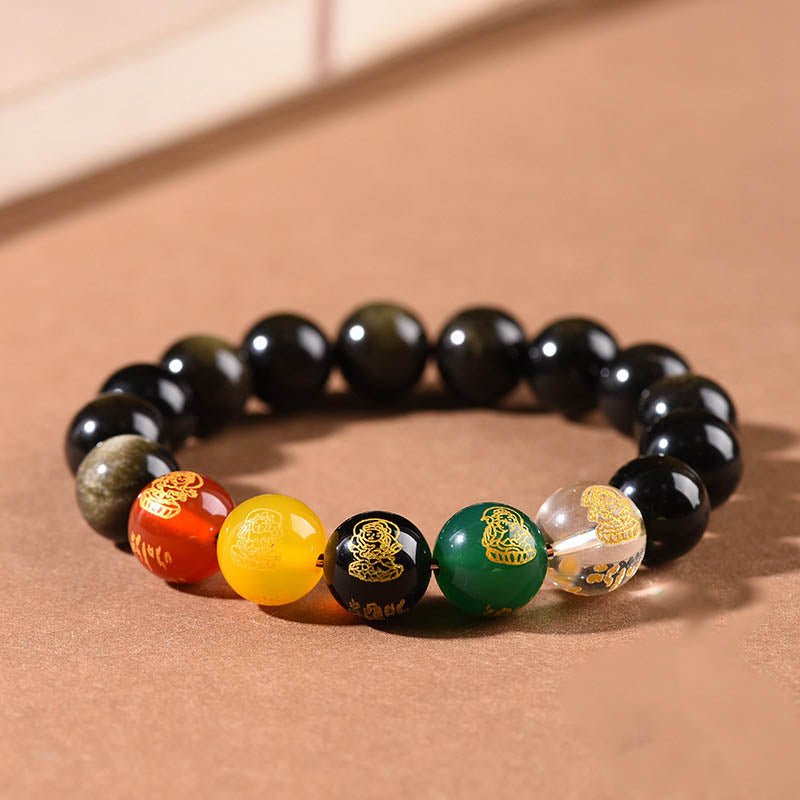Gold Sheen Obsidian Rainbow Obsidian Black Obsidian Five Directions Gods of Wealth Bracelet - Image 6