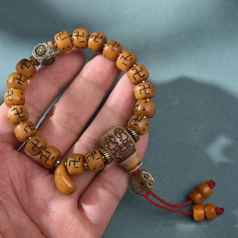 Natural Tibetan Camel Bone Swastika Dzi Bead Shankha Buddha Charm Kirtimukha Luck Protection Tassel Bracelet - Image 15