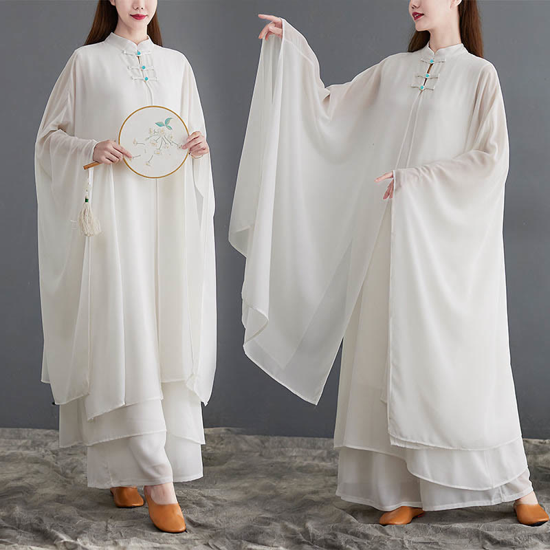 2Pcs Frog-Button Long Sleeve Midi Dress Wide Leg Pants Chiffon Zen Women's Set
