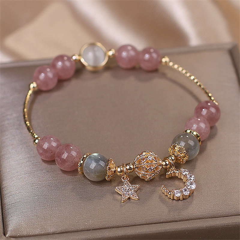 Strawberry Quartz Moonstone Moon Star Love Bracelet - Image 3