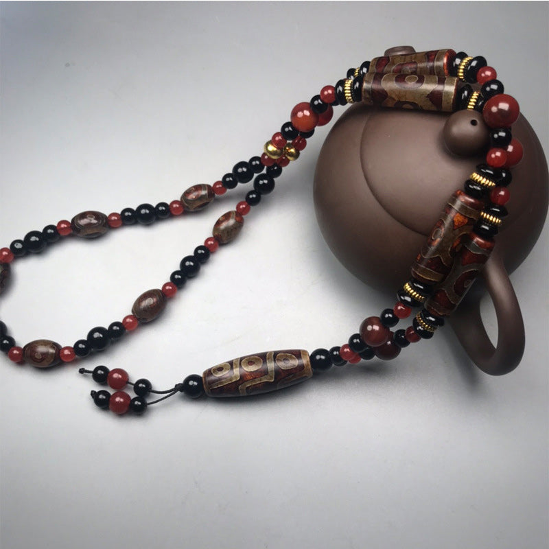 Nine-Eye Dzi Bead Red Agate Wealth Health Necklace - Image 5