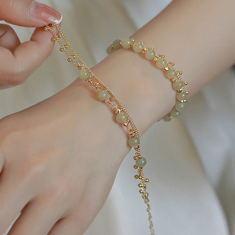 14K Gold Plated 2 Layers Hetian Jade Bead Luck Prosperity Bracelet - Image 8