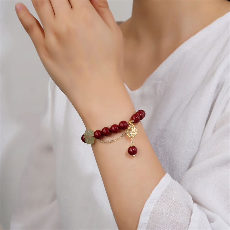 Cinnabar Fu Character Hetian Jade Lucky Four Leaf Clover Blessing Bracelet - Image 3