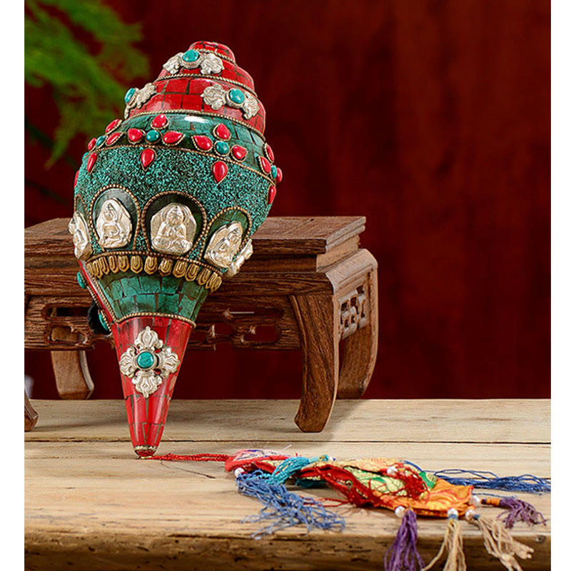 Tibetan Handmade Shankha Om Mani Padme Hum Buddha Avalokitesvara Turquoise Conch Shell Positive Decoration - Image 13