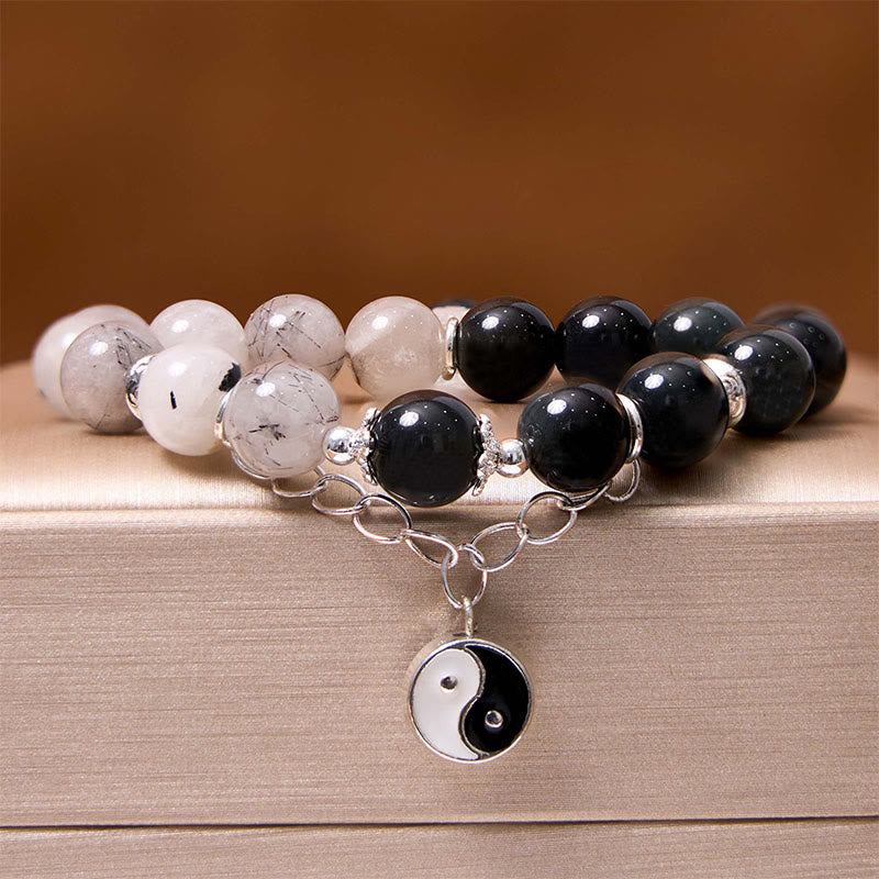 Silver Sheen Obsidian Crackle Clear Quartz Black Rutilated Quartz Yin Yang Lotus Protection Bracelet - Image 15