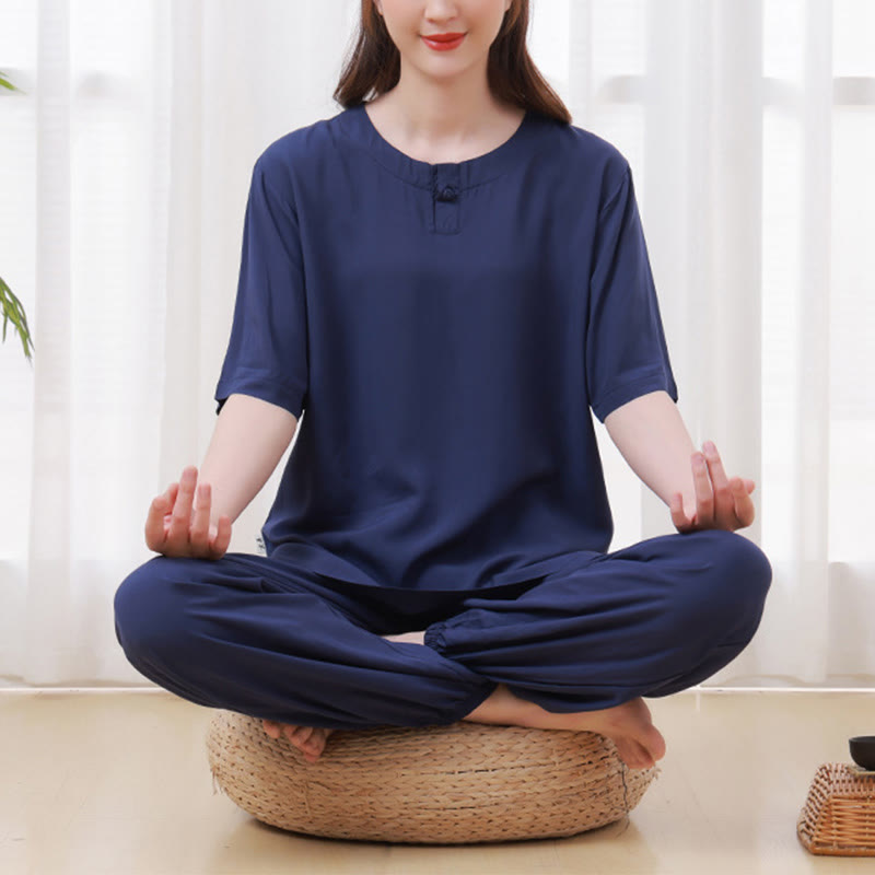 2Pcs Half Sleeve T-Shirt Pants Meditation Zen Tai Chi Cotton Linen Clothing Unisex Set - Image 19