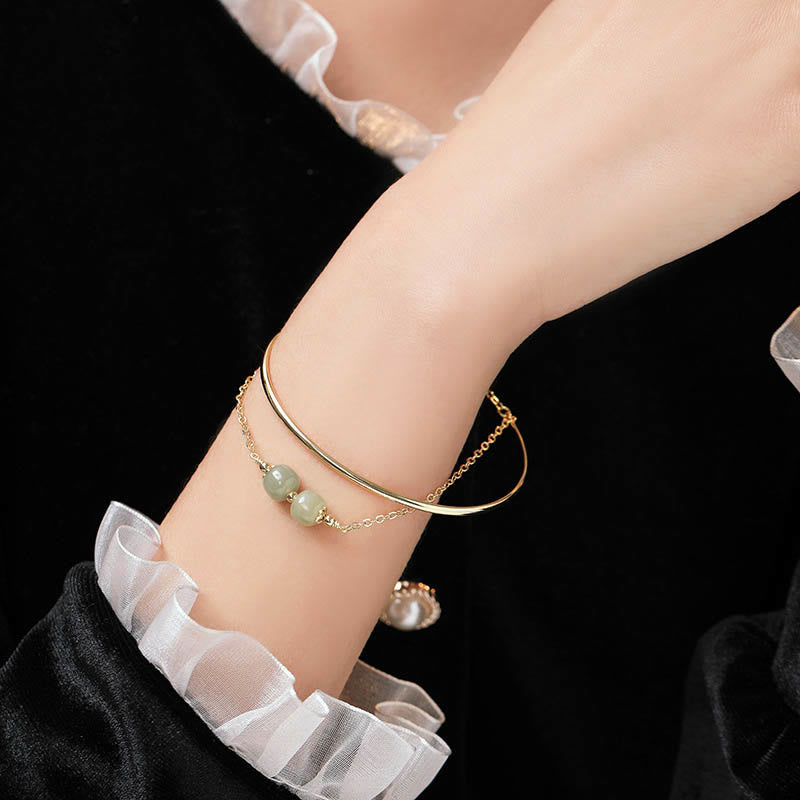 Copper Plated Gold Hetian Jade Bead Luck Double Layer Bracelet Bangle - Image 10